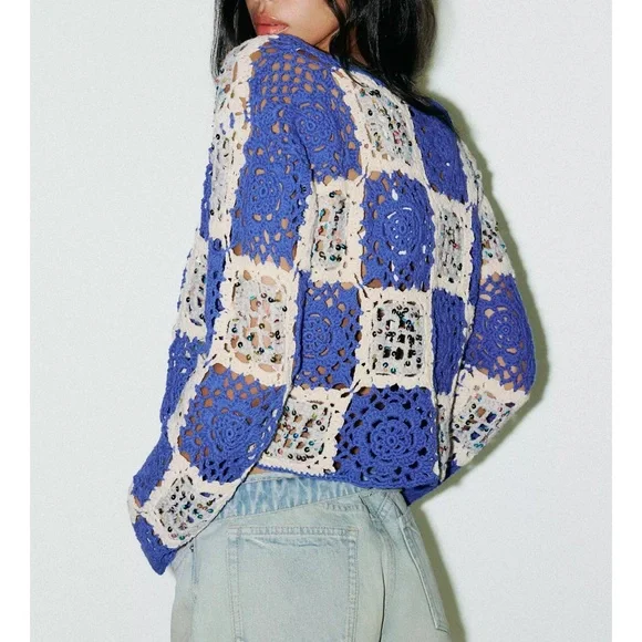 Zara Sequin Crochet Jacket Cardigan Blue / cream NWT - Picture 4 of 7